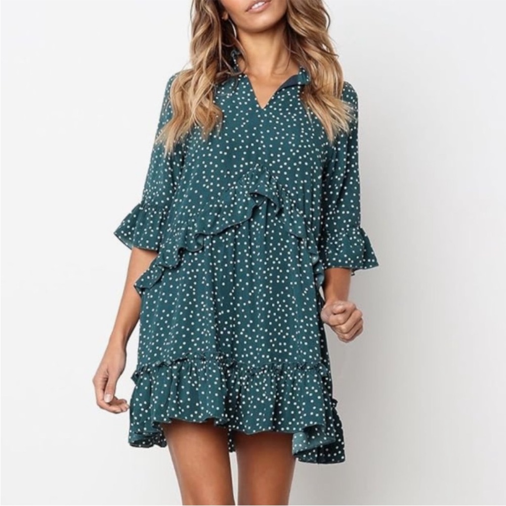 Mitilly - Emerlad Green Polka Dot Print Dress Ruffles Tiered Tent Mini - size XL